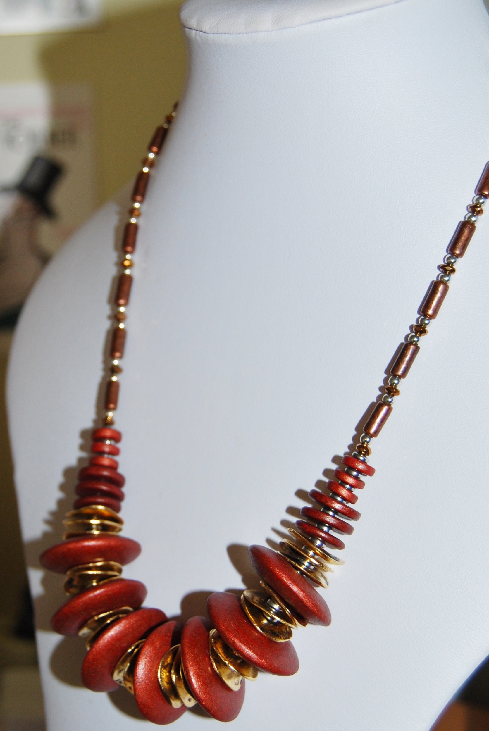 On display at Percy House Gallery, Cockermouth. Unique Copper Rose Ceramic and Hammered Metal Necklace - Image 8