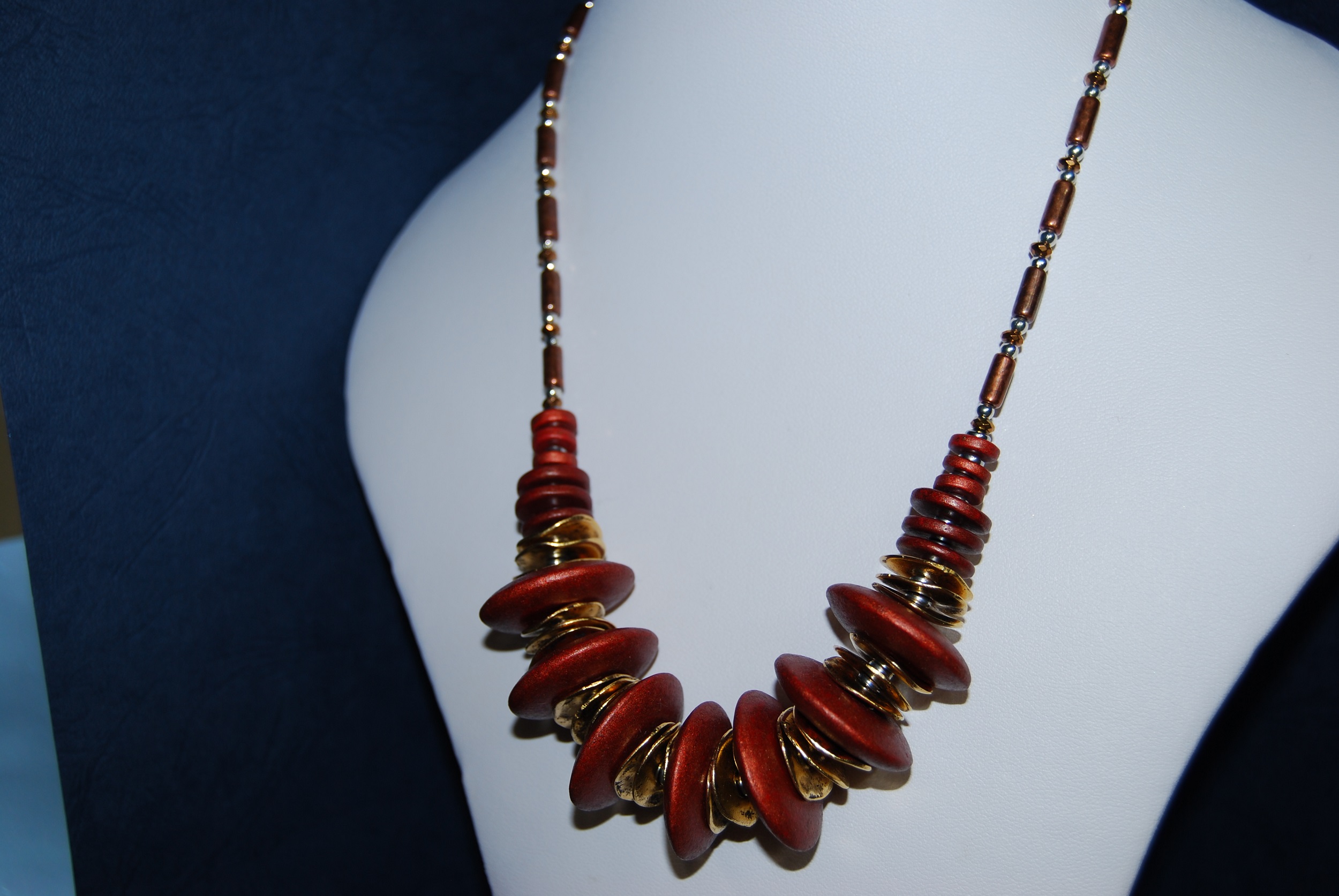 On display at Percy House Gallery, Cockermouth. Unique Copper Rose Ceramic and Hammered Metal Necklace - Image 9