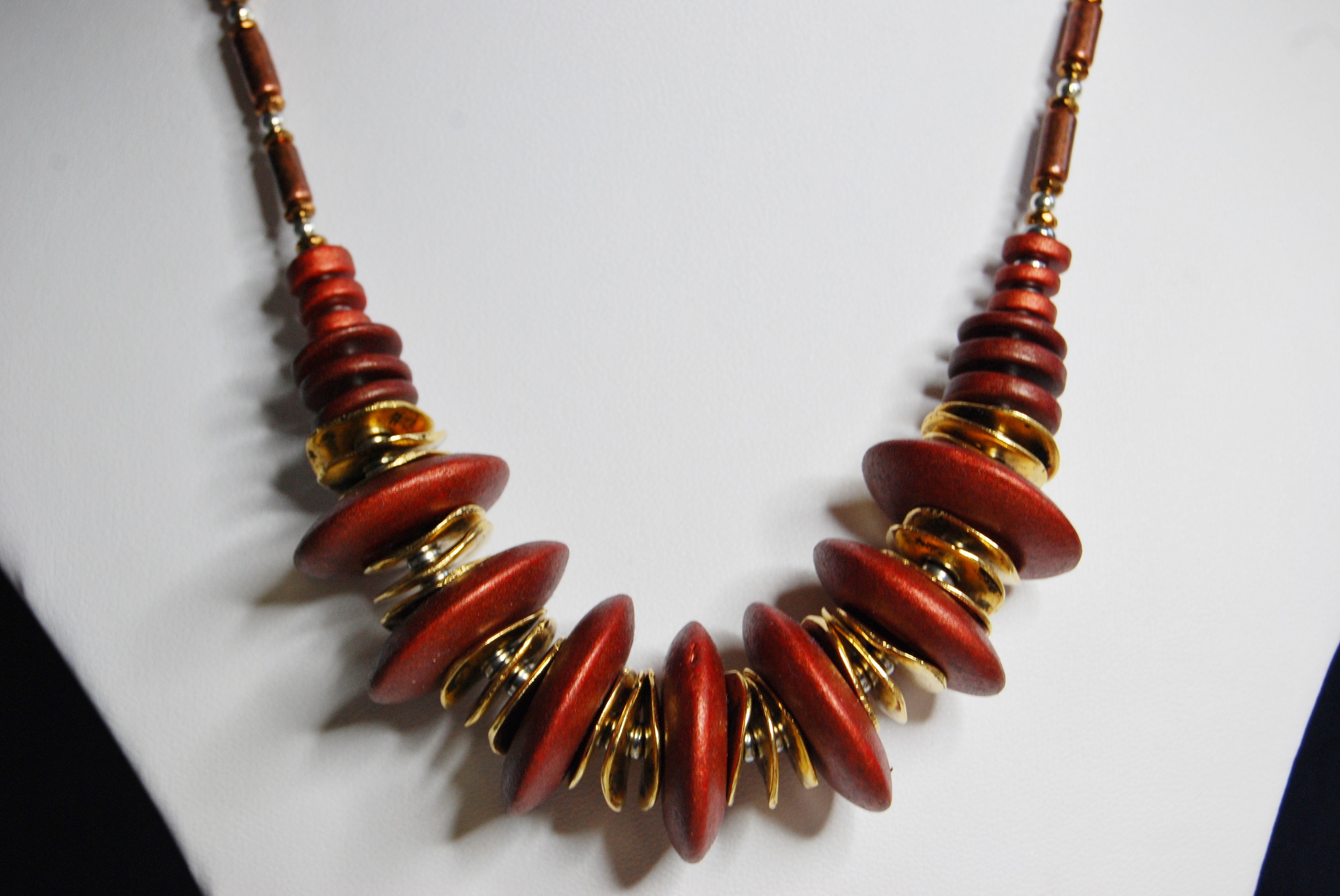 On display at Percy House Gallery, Cockermouth. Unique Copper Rose Ceramic and Hammered Metal Necklace - Image 4