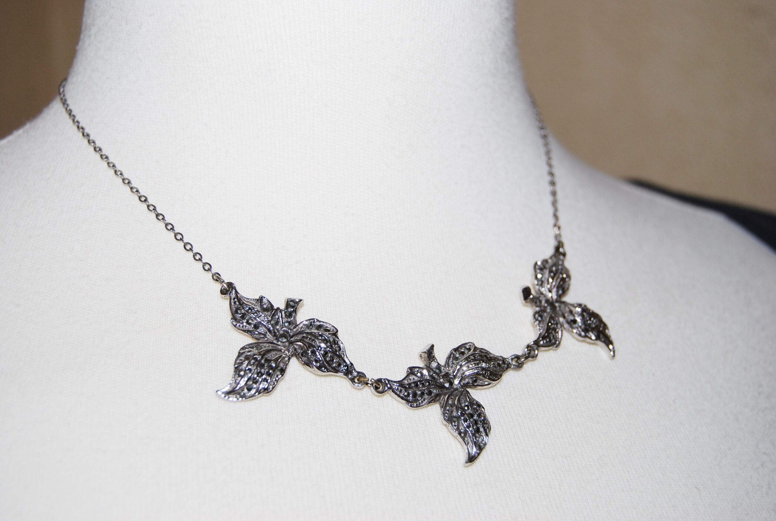 Vintage Art Nouveau marcasite leaf necklace. Delicate and pretty.